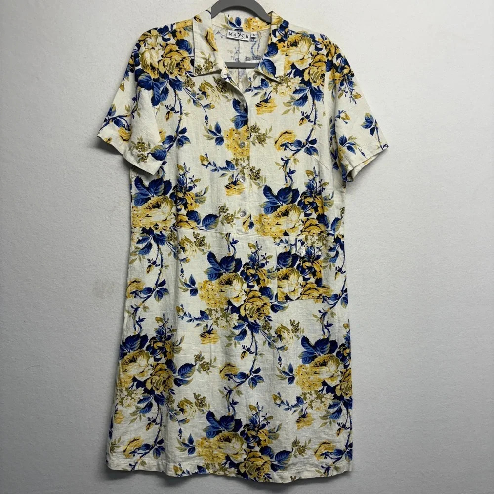 Match USA 100% Linen Floral Dress L Blue Midi Lagenlook‎ Mother of Pearl Buttons